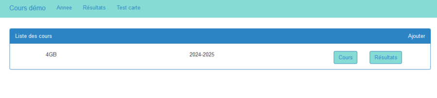 alt=Dans la liste des années, pour chaque année nous avons le nom de la classe et l'année scolaire concernée.Nous avons également 2 boutons disponibles : * Cours : Permet d'accéder à la liste des cours pour l'année concernée * Résultats : Permet de visualiser le résultat des tests effectués pour l'année concernée